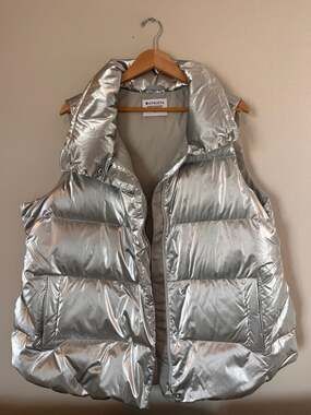 Athleta Downtown, Certified B Corp, Down Filled Puffer, Metallic Vest, Silver, 2